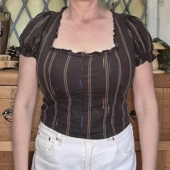 🍄 50% OFF - Free People Corset Top Brown Espresso Bean Striped Shirt Blouse - Picture 5 of 15